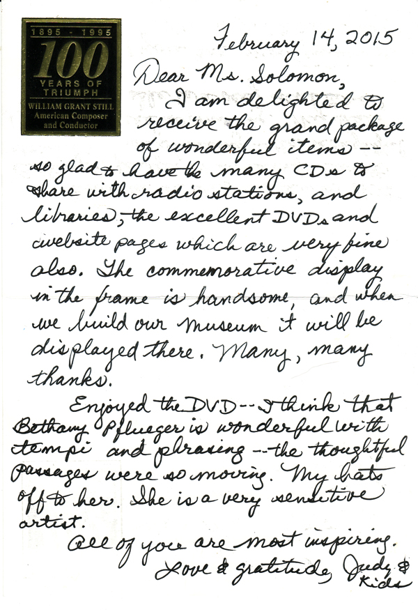 Letter from  Judith Anne Still to Board President, Bette Solomon, February 14, 2015