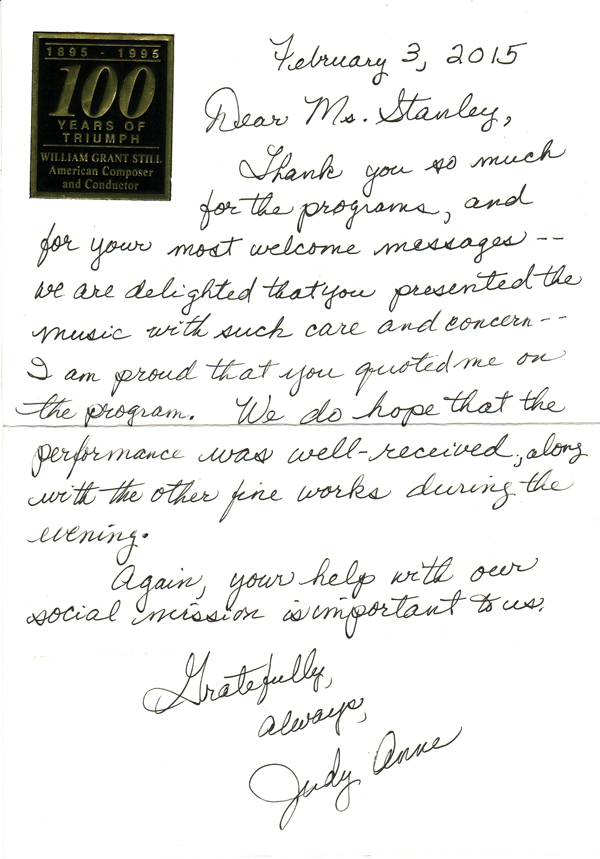 Letter from  Judith Anne Still to Board President, Susan Cross Stanley, February 3, 2015